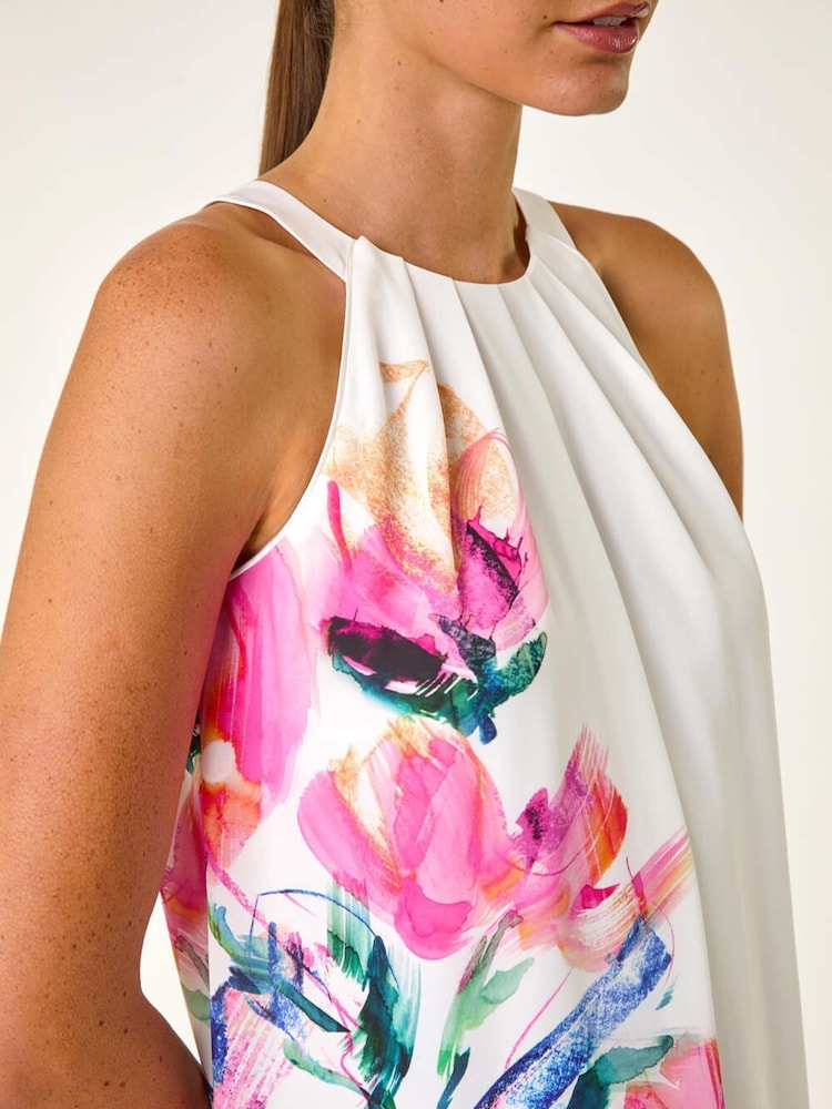 Roman Pink Floral Print Placement Halter Neck Midi Dress - Image 5 of 5