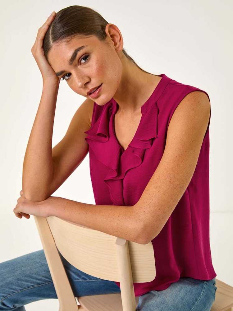 Roman Pink Linen Ruffle Vest Top - Image 1 of 5