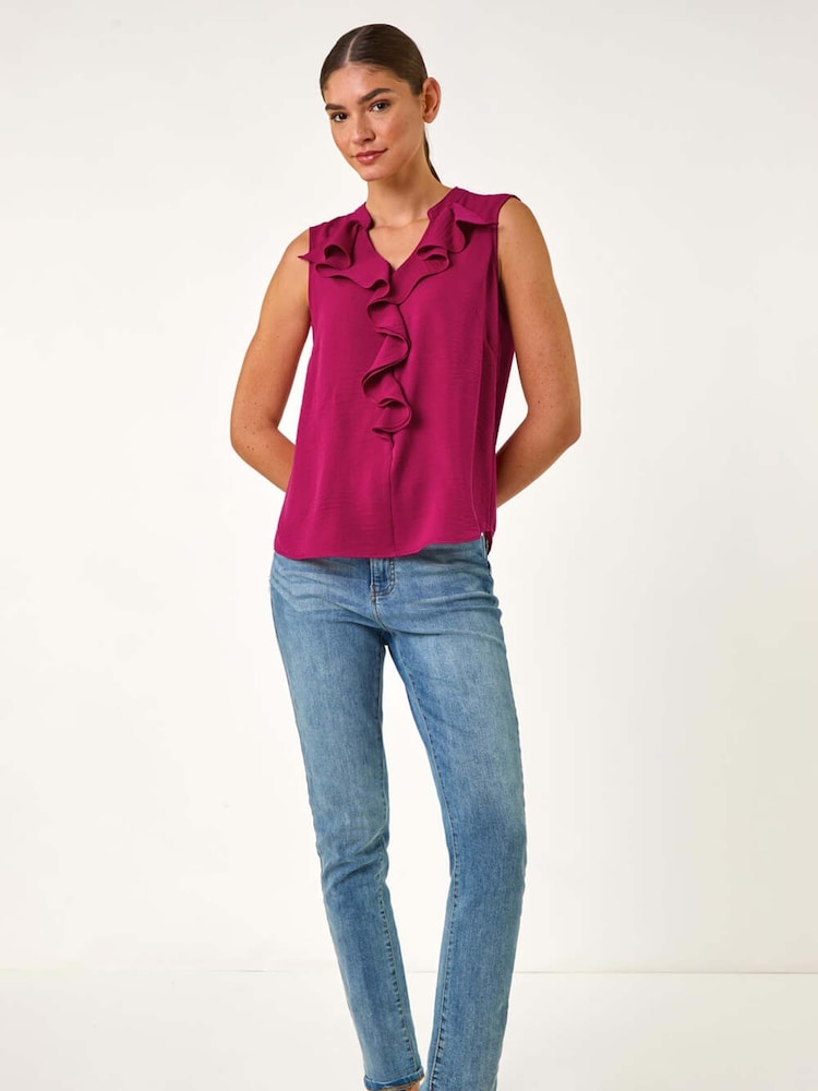 Roman Pink Linen Ruffle Vest Top - Image 2 of 5