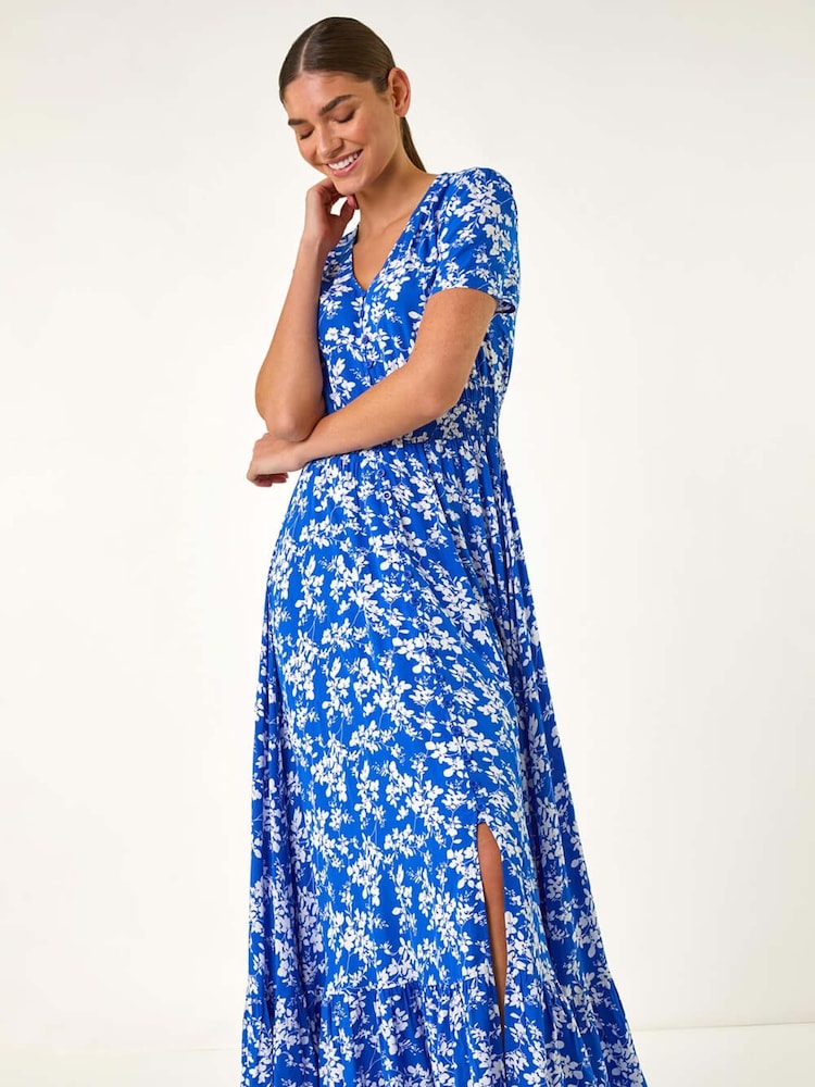 Roman Blue Floral Print Button Maxi Dress - Image 1 of 5