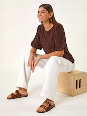 Roman Brown Broderie Puff Sleeve Top - Image 1 of 5
