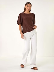 Roman Brown Broderie Puff Sleeve Top - Image 2 of 5