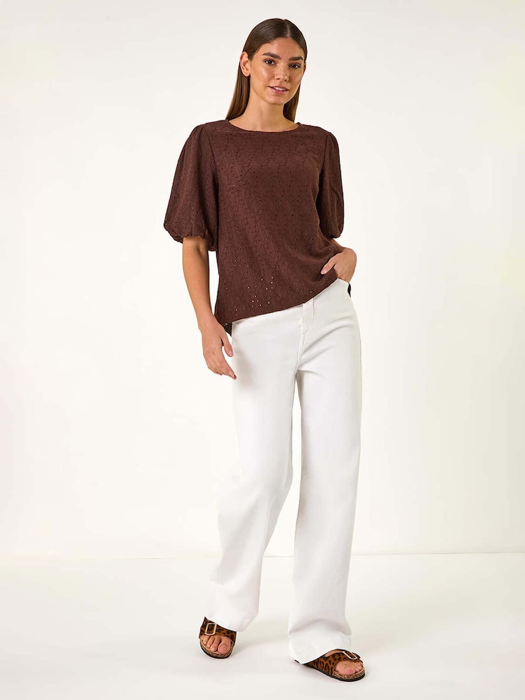 Roman Brown Broderie Puff Sleeve Top - Image 2 of 5