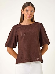 Roman Brown Broderie Puff Sleeve Top - Image 4 of 5