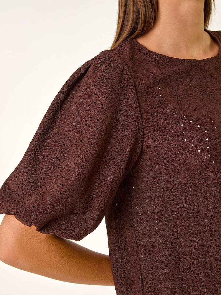 Roman Brown Broderie Puff Sleeve Top - Image 5 of 5
