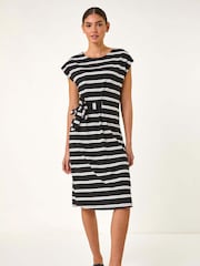 Roman Black Stripe Tie Side Stretch Midi Dress - Image 2 of 5
