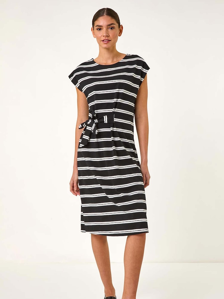 Roman Black Stripe Tie Side Stretch Midi Dress - Image 2 of 5