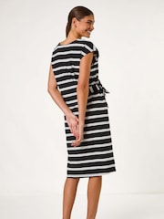 Roman Black Stripe Tie Side Stretch Midi Dress - Image 3 of 5