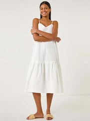 Roman White Broderie Frill Tiered 100% Cotton Midi Dress - Image 2 of 5
