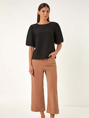 Roman Black Broderie Puff Sleeve Top - Image 1 of 5