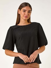 Roman Black Broderie Puff Sleeve Top - Image 3 of 5