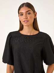 Roman Black Broderie Puff Sleeve Top - Image 4 of 5