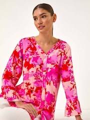 Roman Pink Floral Print Flare Sleeve Blouse - Image 1 of 5