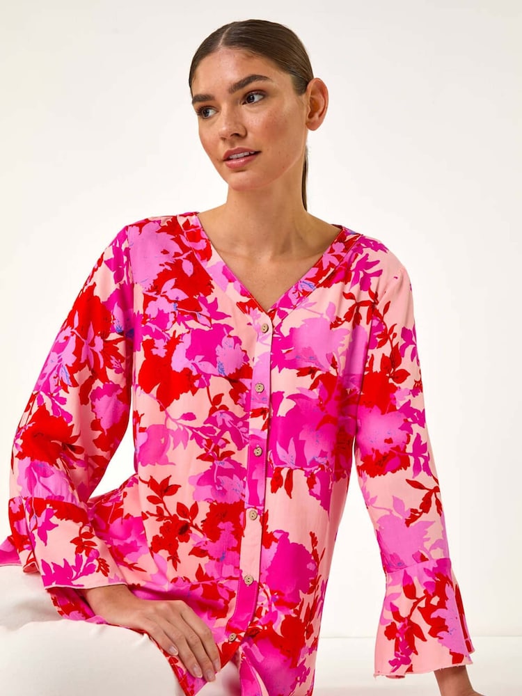Roman Pink Floral Print Flare Sleeve Blouse - Image 1 of 5