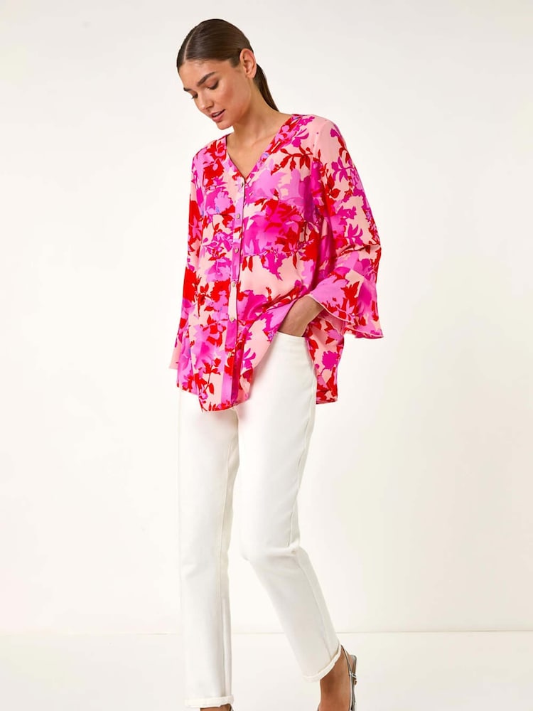 Roman Pink Floral Print Flare Sleeve Blouse - Image 2 of 5