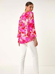 Roman Pink Floral Print Flare Sleeve Blouse - Image 3 of 5