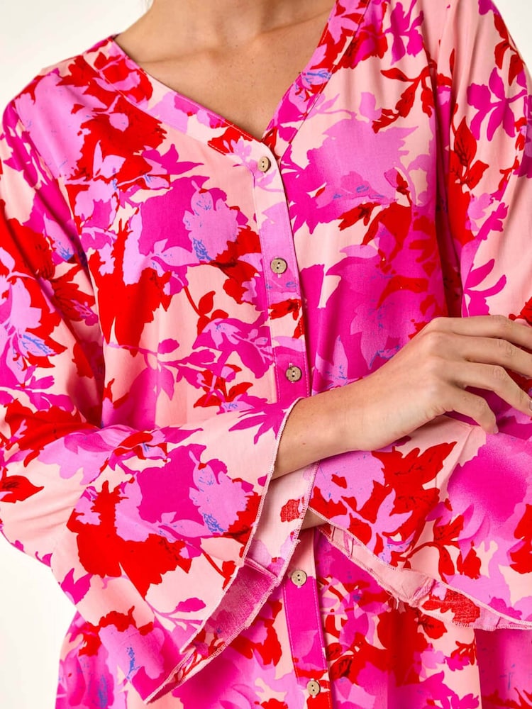 Roman Pink Floral Print Flare Sleeve Blouse - Image 5 of 5