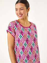 Roman Pink Ikat Print Bobble Trim T-Shirt - Image 1 of 5