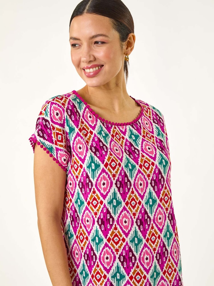 Roman Pink Ikat Print Bobble Trim T-Shirt - Image 1 of 5