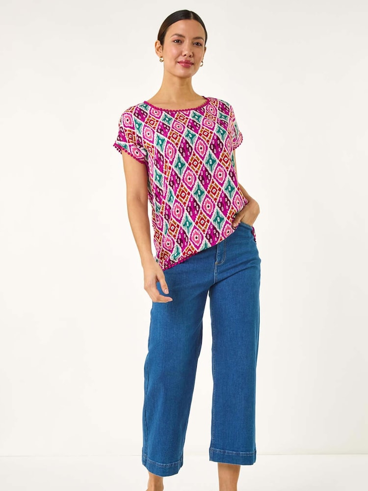 Roman Pink Ikat Print Bobble Trim T-Shirt - Image 2 of 5