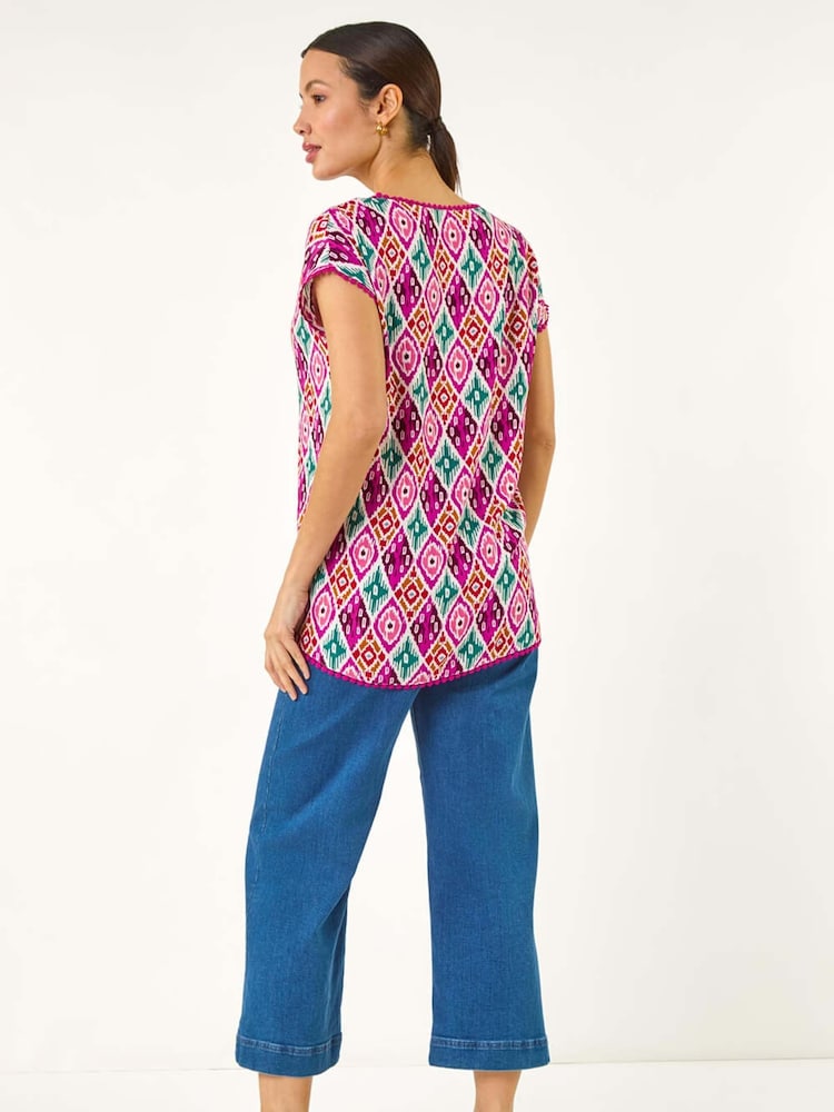Roman Pink Ikat Print Bobble Trim T-Shirt - Image 3 of 5