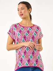 Roman Pink Ikat Print Bobble Trim T-Shirt - Image 4 of 5