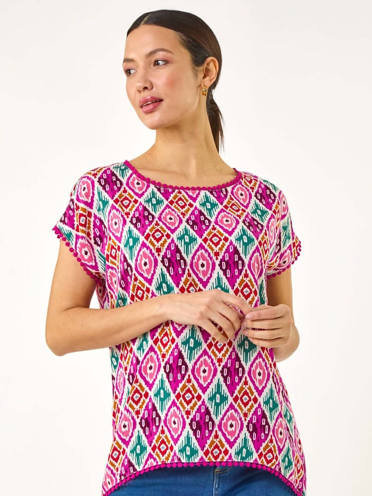 Roman Pink Ikat Print Bobble Trim T-Shirt - Image 4 of 5