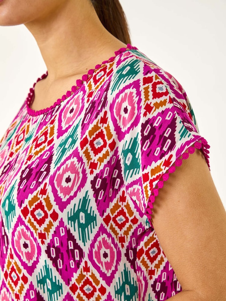 Roman Pink Ikat Print Bobble Trim T-Shirt - Image 5 of 5
