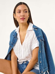 Blanco - Roman Textured Collar V-Neck T-Shirt - Imagen 1 de 5