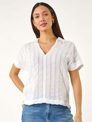 Blanco - Roman Textured Collar V-Neck T-Shirt - Imagen 4 de 5