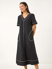 Roman Black Contrast Stitch Detail A-Line Dress - Image 1 of 5