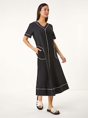 Roman Black Contrast Stitch Detail A-Line Dress - Image 2 of 5