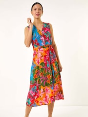 Roman Orange Tropical Print Button Through Midi Dress - Image 2 of 5
