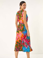Roman Orange Tropical Print Button Through Midi Dress - Image 3 of 5