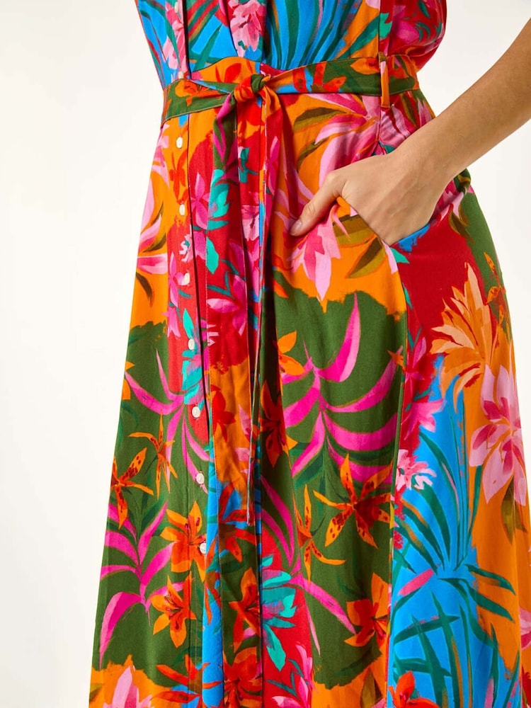 Roman Orange Tropical Print Button Through Midi Dress - Image 5 of 5