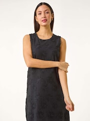 Roman Black Flower Print Embroidered Shift 100% Cotton Dress - Image 1 of 5