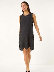 Roman Black Flower Print Embroidered Shift 100% Cotton Dress - Image 2 of 5