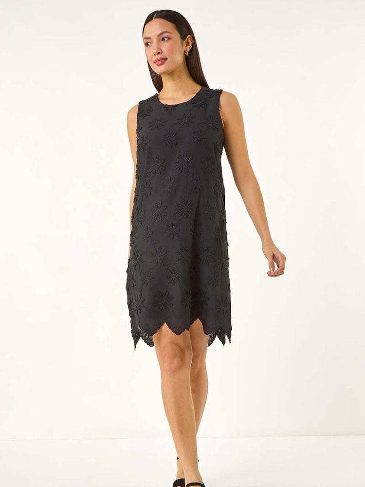 Roman Black Flower Print Embroidered Shift 100% Cotton Dress - Image 2 of 5