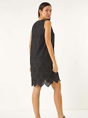 Roman Black Flower Print Embroidered Shift 100% Cotton Dress - Image 3 of 5