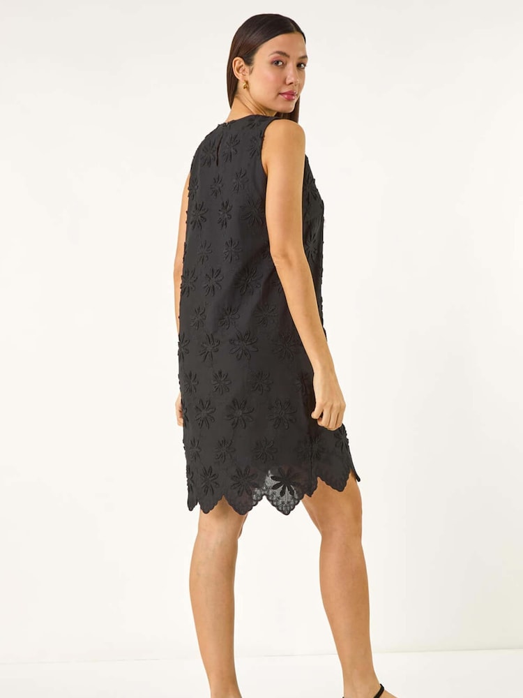 Roman Black Flower Print Embroidered Shift 100% Cotton Dress - Image 3 of 5