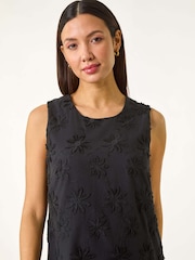 Roman Black Flower Print Embroidered Shift 100% Cotton Dress - Image 4 of 5