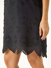 Roman Black Flower Print Embroidered Shift 100% Cotton Dress - Image 5 of 5