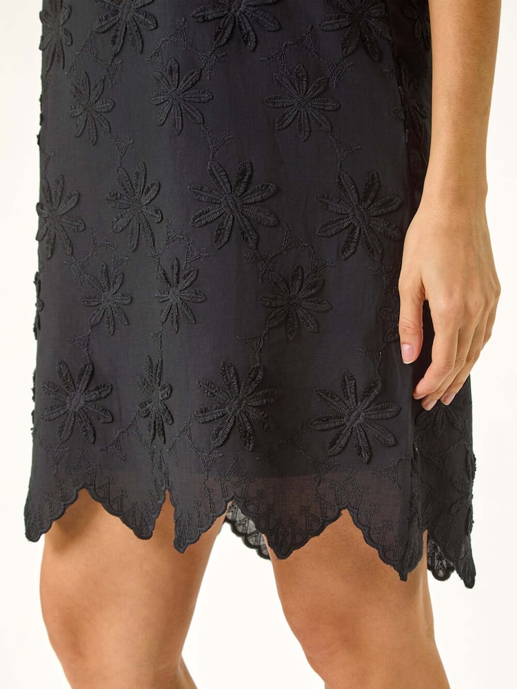 Roman Black Flower Print Embroidered Shift 100% Cotton Dress - Image 5 of 5