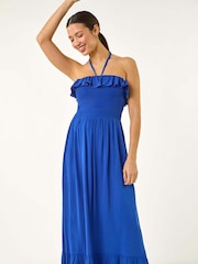 Roman Blue Frill Shirred Bandeau Midi Dress - Image 1 of 5