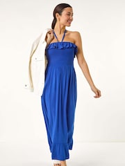 Roman Blue Frill Shirred Bandeau Midi Dress - Image 2 of 5