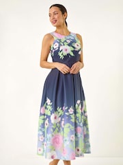 Roman Blue Floral Print Border Scuba Midi Dress - Image 1 of 5
