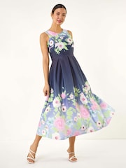 Roman Blue Floral Print Border Scuba Midi Dress - Image 2 of 5