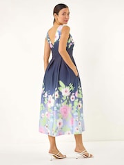 Roman Blue Floral Print Border Scuba Midi Dress - Image 3 of 5