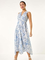 Roman Blue Floral Print Twist 100% Cotton Midi Dress - Image 1 of 5