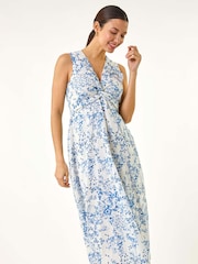 Roman Blue Floral Print Twist 100% Cotton Midi Dress - Image 2 of 5